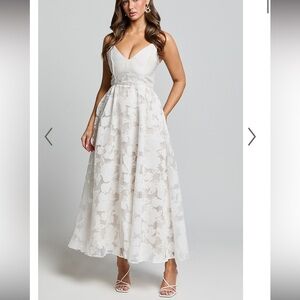 Showpo Ivory and White Pleated Maxi Dress Plunge Neckline